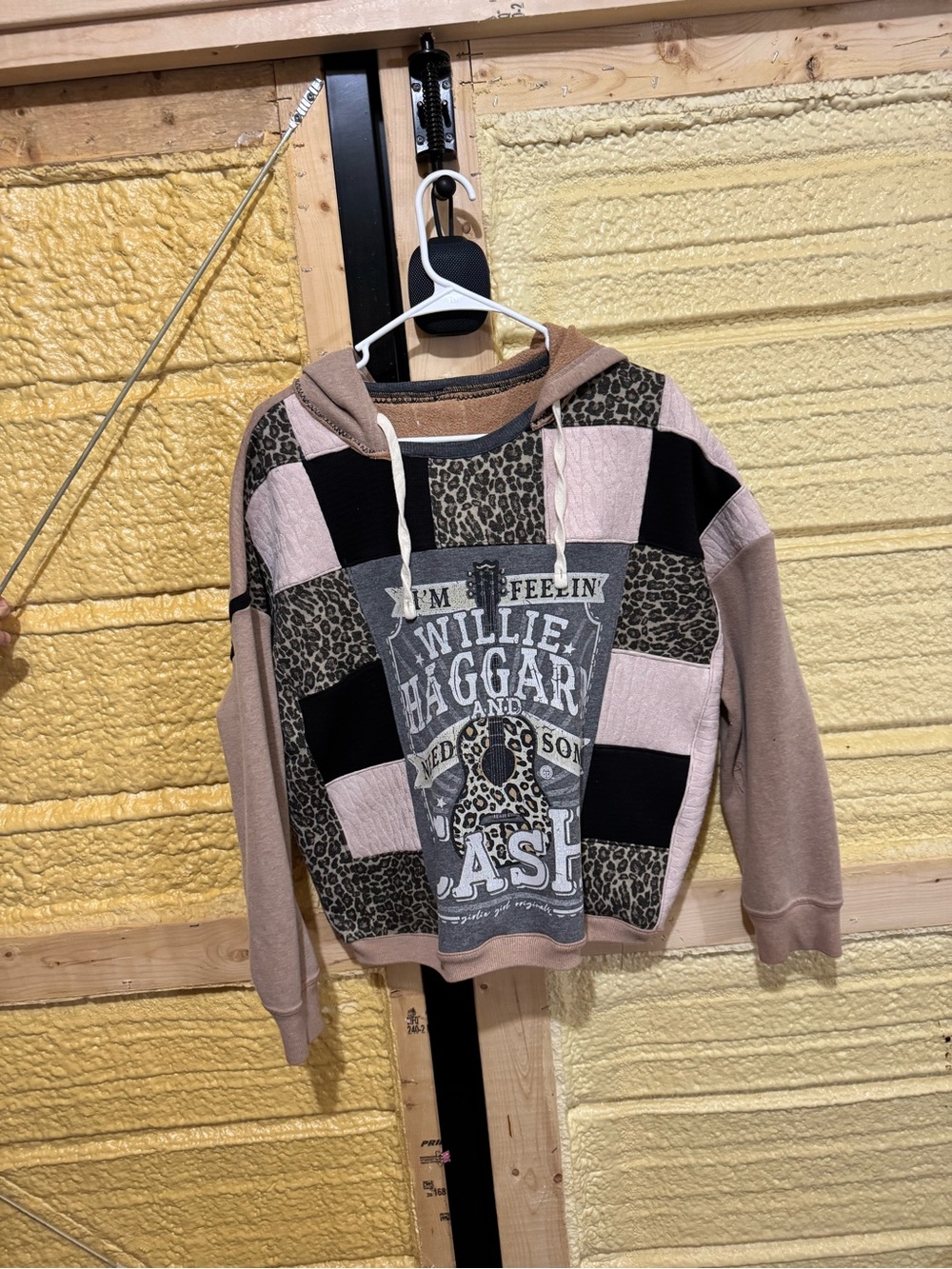 Willie Haggar Graphic Patchwork Hoodie Sweater - Pink Leopard Print